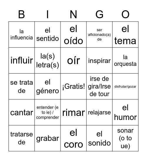 La Música Bingo Card