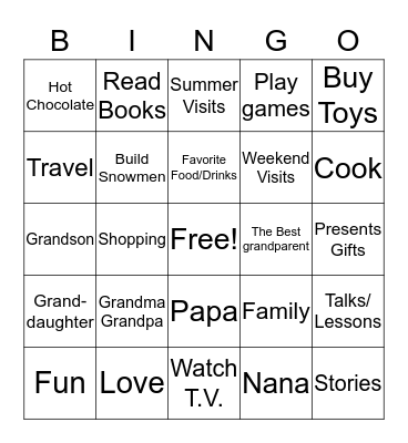 Grandparent's Day Bingo Card