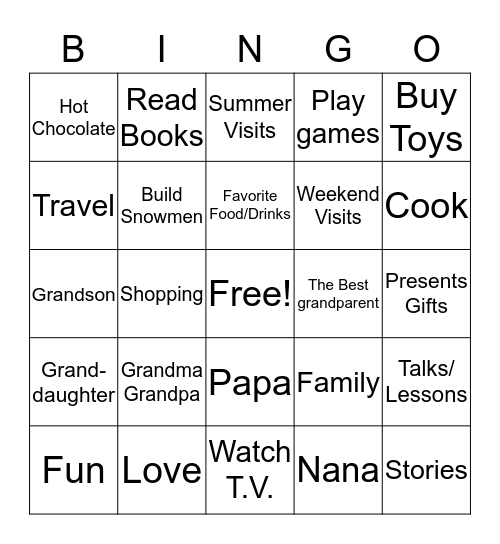 Grandparent's Day Bingo Card