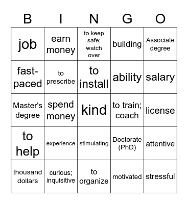 Las Carreras: OTRAS PALABRAS Bingo Card