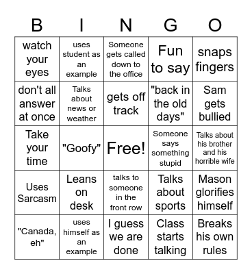Duguy Classroom Bingo Card