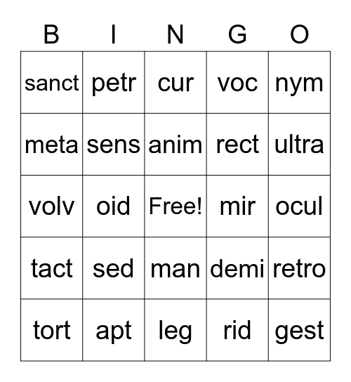 Stems List 8 Bingo Card