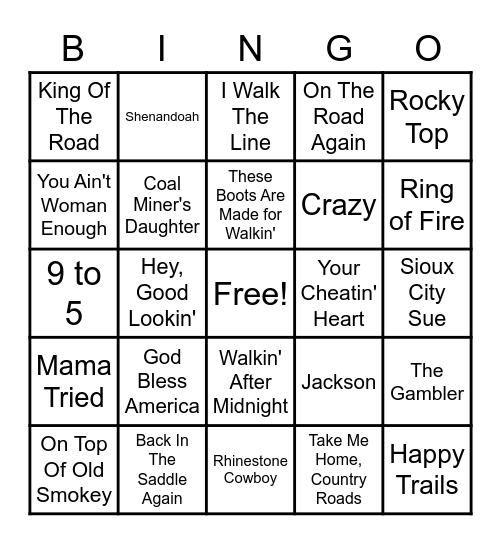 Country Music Bingo Card