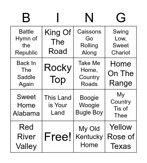 Patriotic Music Bingo Card