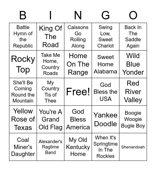 Patriotic Music Bingo Card