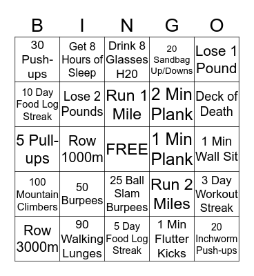 Holiday Fitness Bingo Card