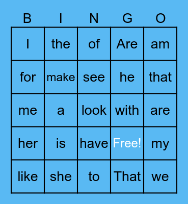 Sight Words Bingo Card