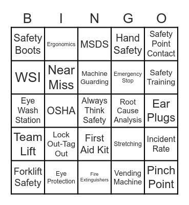 Safety Bingo Card