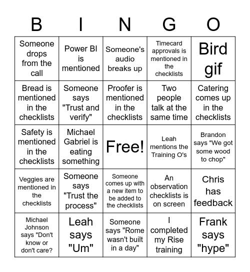 Training Bingo Card