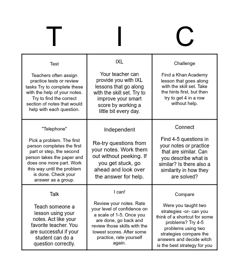 Study Strategies Tic Tac Toe Bingo Card