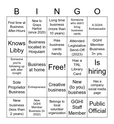 GGHI Networking BINGO Card