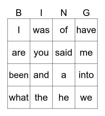 Heart Word Bingo Card