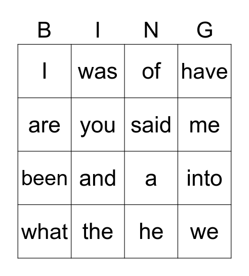 Heart Word Bingo Card