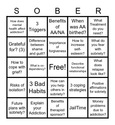 Chemical Dependency Bingo ! Bingo Card