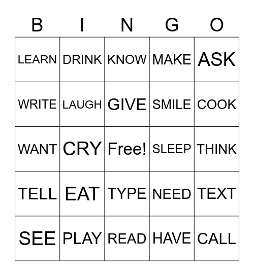 VERBS Bingo Card