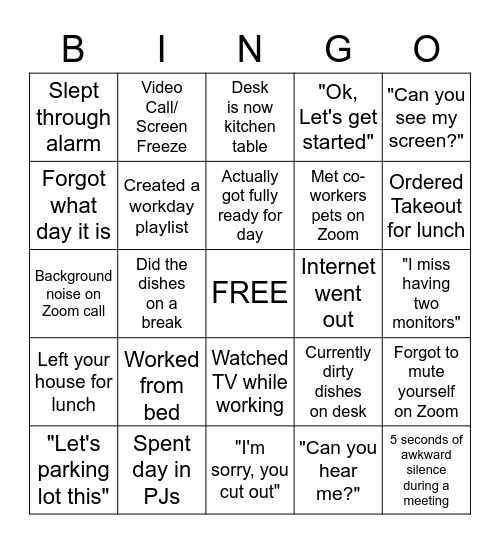 Work From Home BINGO! Bingo Card