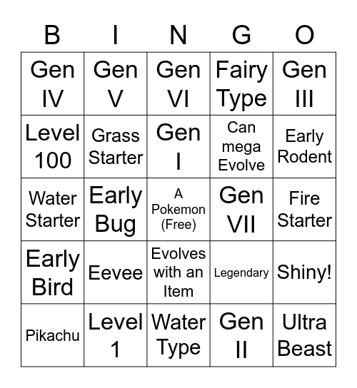 Pokemon Club Wonder Trade Bingo Card