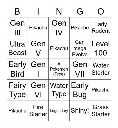 Pokemon Club Wonder Trade Bingo Card