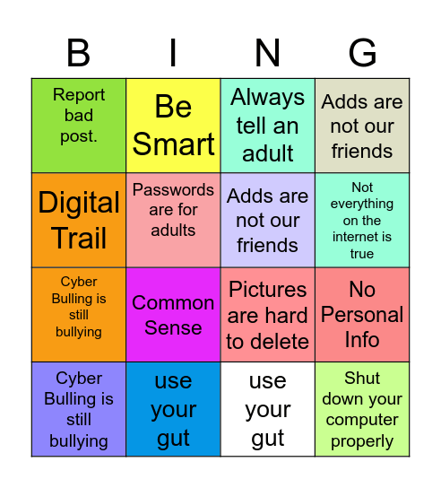 Internet Safety Bingo Card