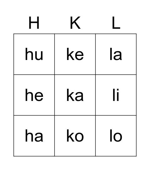 Piniko: Hakalama H, K, L Bingo Card
