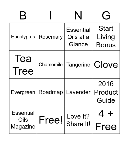 Essential Oil Bingo Card