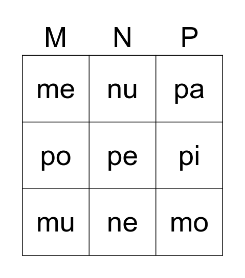 Piniko: Hakalama, M, N, P Bingo Card