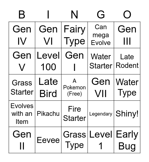 Pokemon Club Wonder Trade Bingo Card