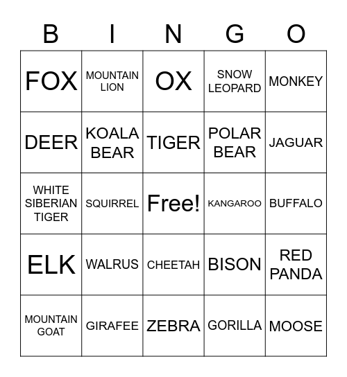 ASL 2 - WILD ANIMALS Bingo Card
