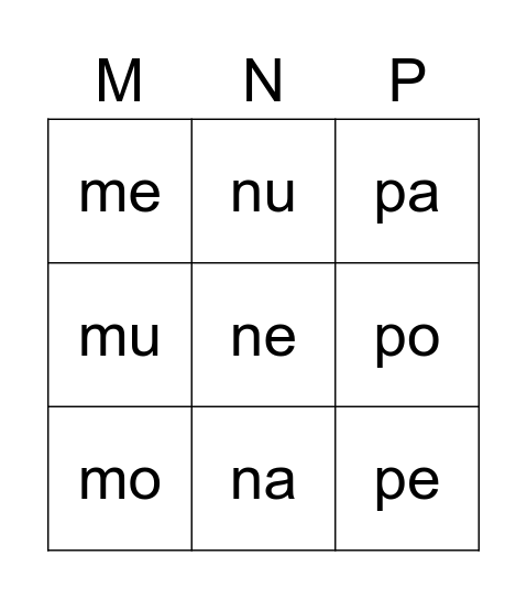 Piniko: Hakalama, M, N, P Bingo Card