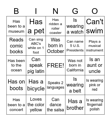 Friendship Bingo Card
