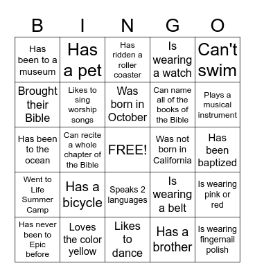 Epic (church group) Bingo Card