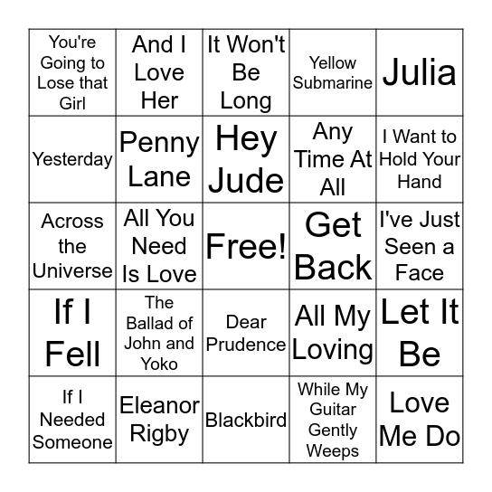 Beatles Bingo Card