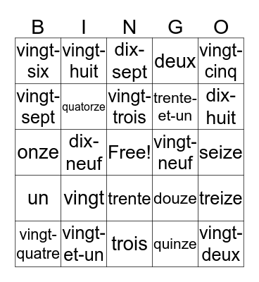 French Number Bingo  Bingo Card