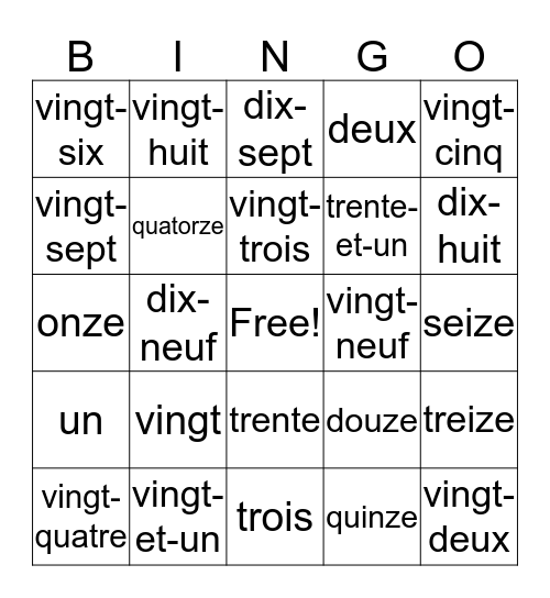 French Number Bingo  Bingo Card