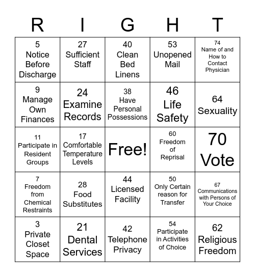 Resident Rights BINGO Card