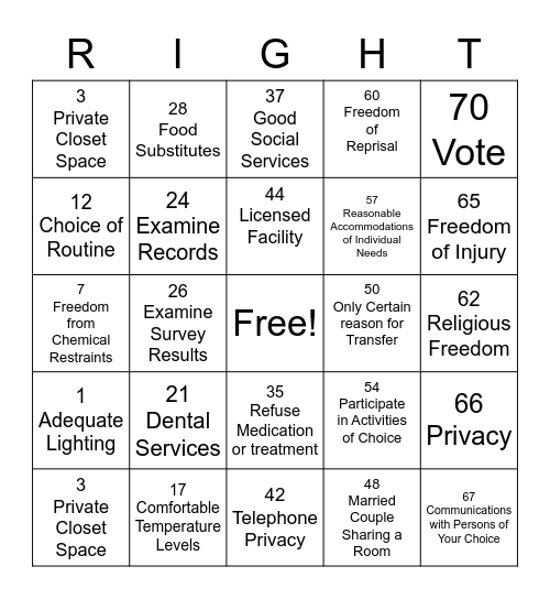 Resident Rights BINGO Card