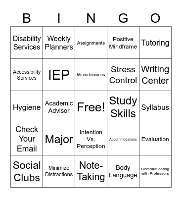 College Bingo Card