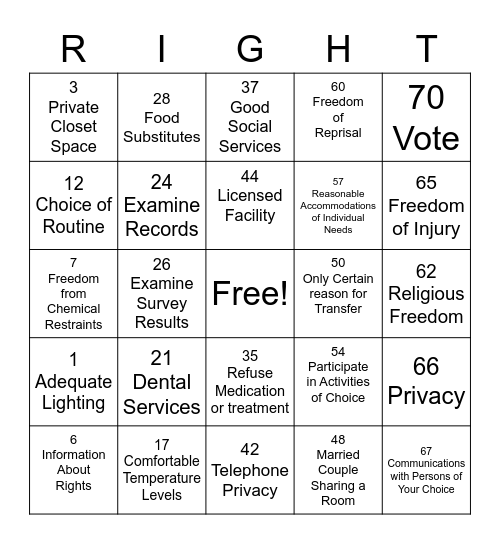 Resident Rights BINGO Card