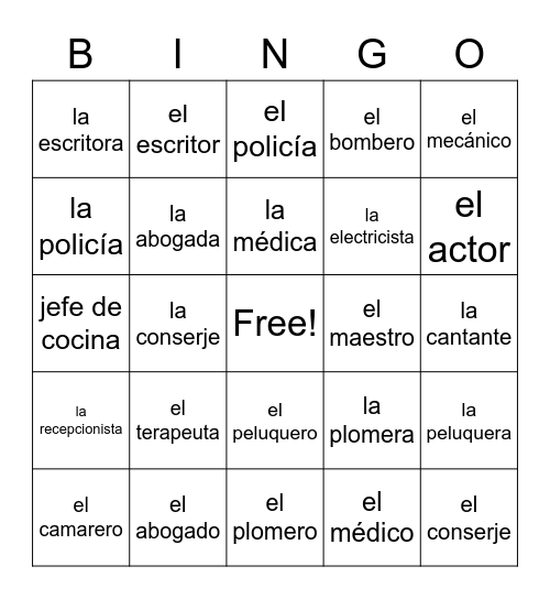 Ocupaciones Bingo Card