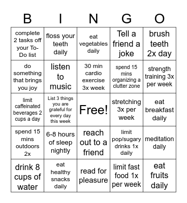 Healthy Habits Bingo Card
