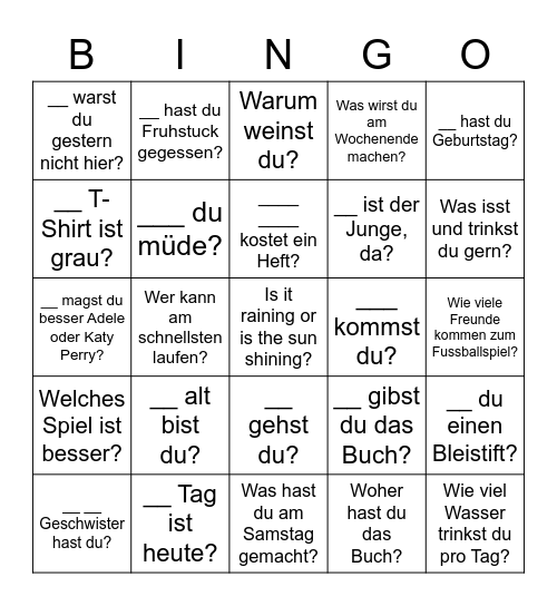 Fragewörter - fill in the ? word or say auf Englisch! Bingo Card