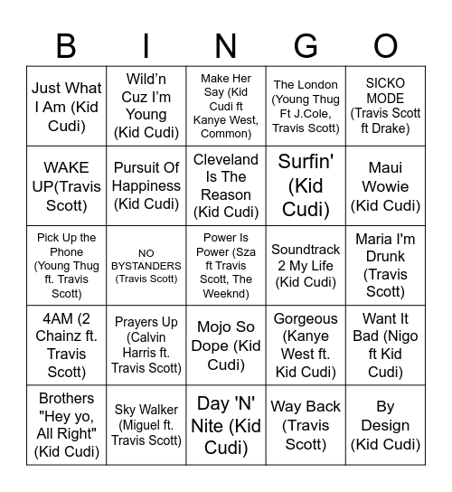 Kid Cudi vs Travis Scott Bingo Card