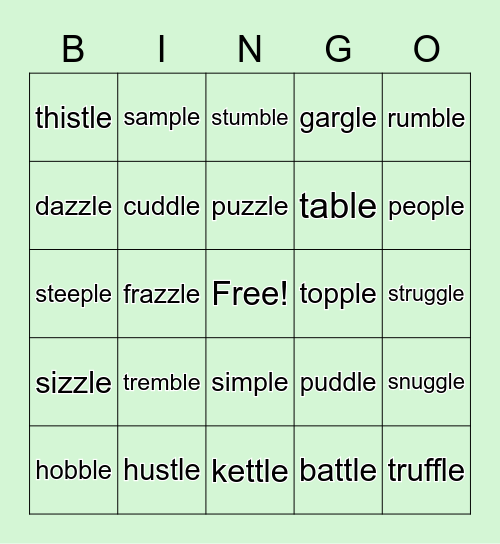 consonant -le Bingo Card