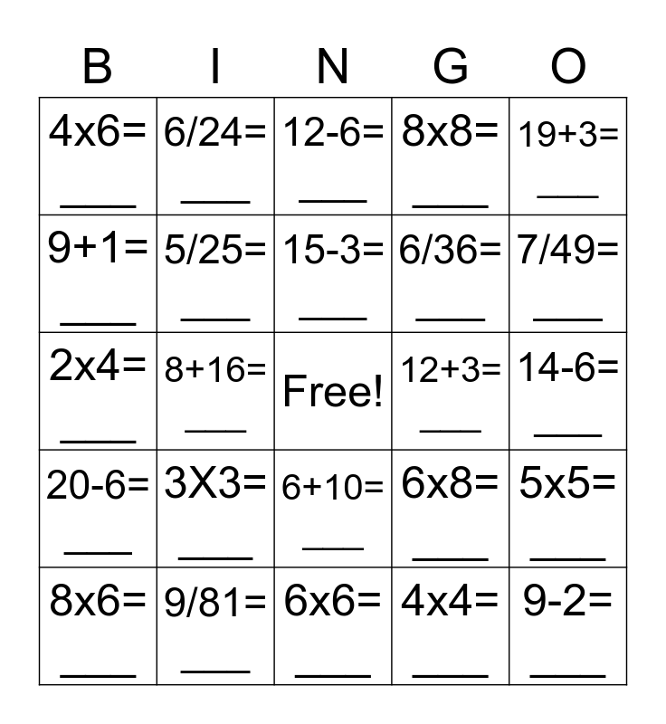 Mathematic BINGO Card