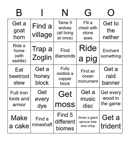 MINECRAFT CHALLENGE Bingo Card