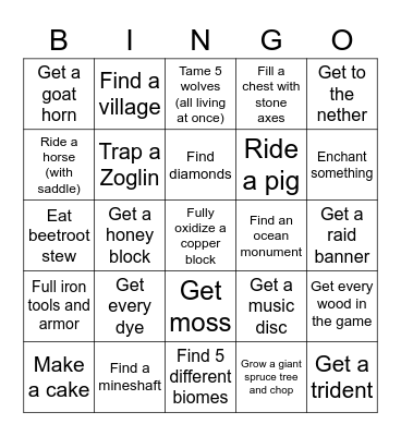 MINECRAFT CHALLENGE Bingo Card