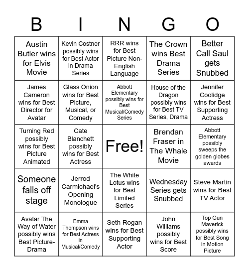 The Golden Globes 2023 Bingo Card