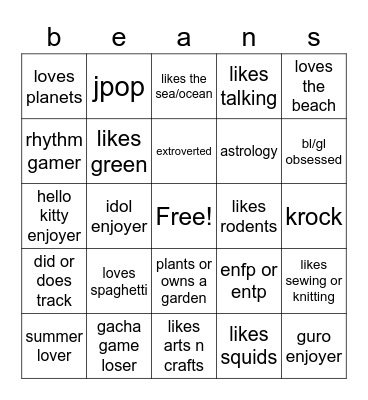 meeee Bingo Card