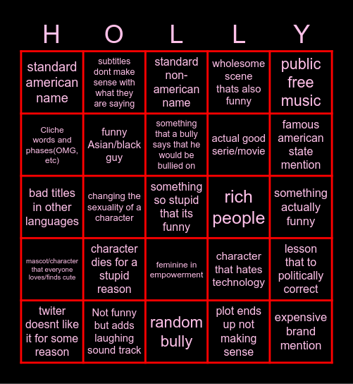 Netflix/Hollywood Bingo Card