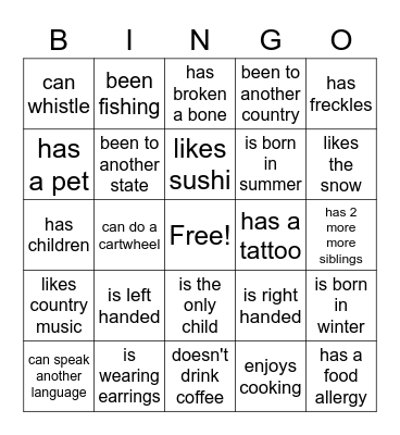 Get to know you Bingo Card